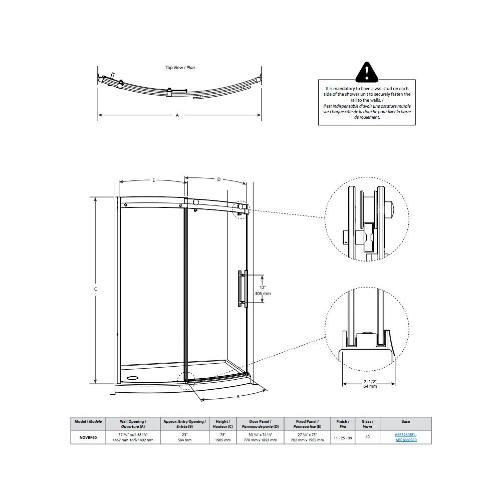 Fleuro NOVBF48 Novara Bowfront 75 Chrome Left 2