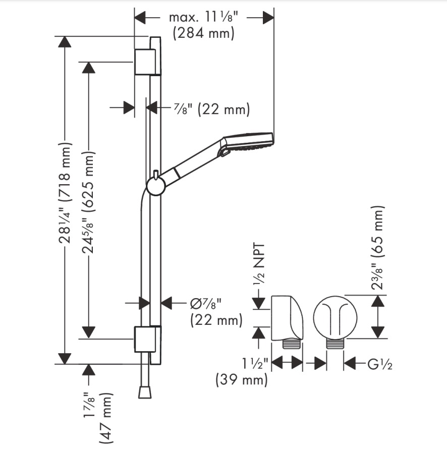 Hansgrohe 04970820 Wallbar Set 100 Vario-Jet 24&quot; 1.75 Gpm