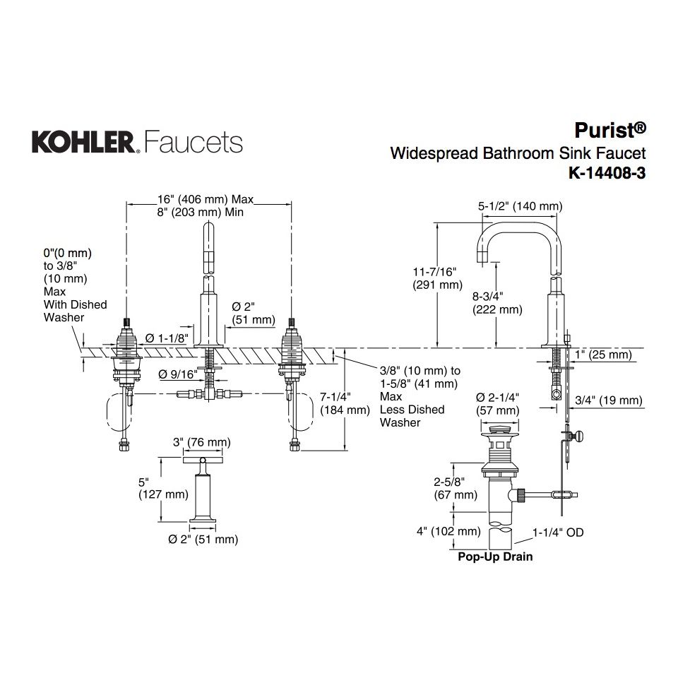 Kohler 14408-3-BN Purist Widespread Lavatory Faucet With High Gooseneck  Spout And High Cross Handles
