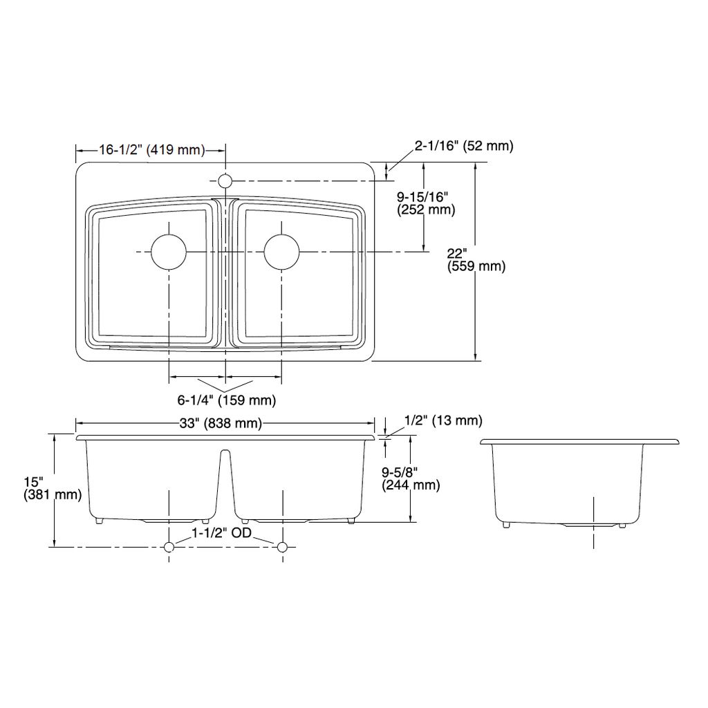 Kohler 5846-1-0 Brookfield 33 X 22 X 9-5/8 Top-Mount Double-Equal Kitchen Sink 2