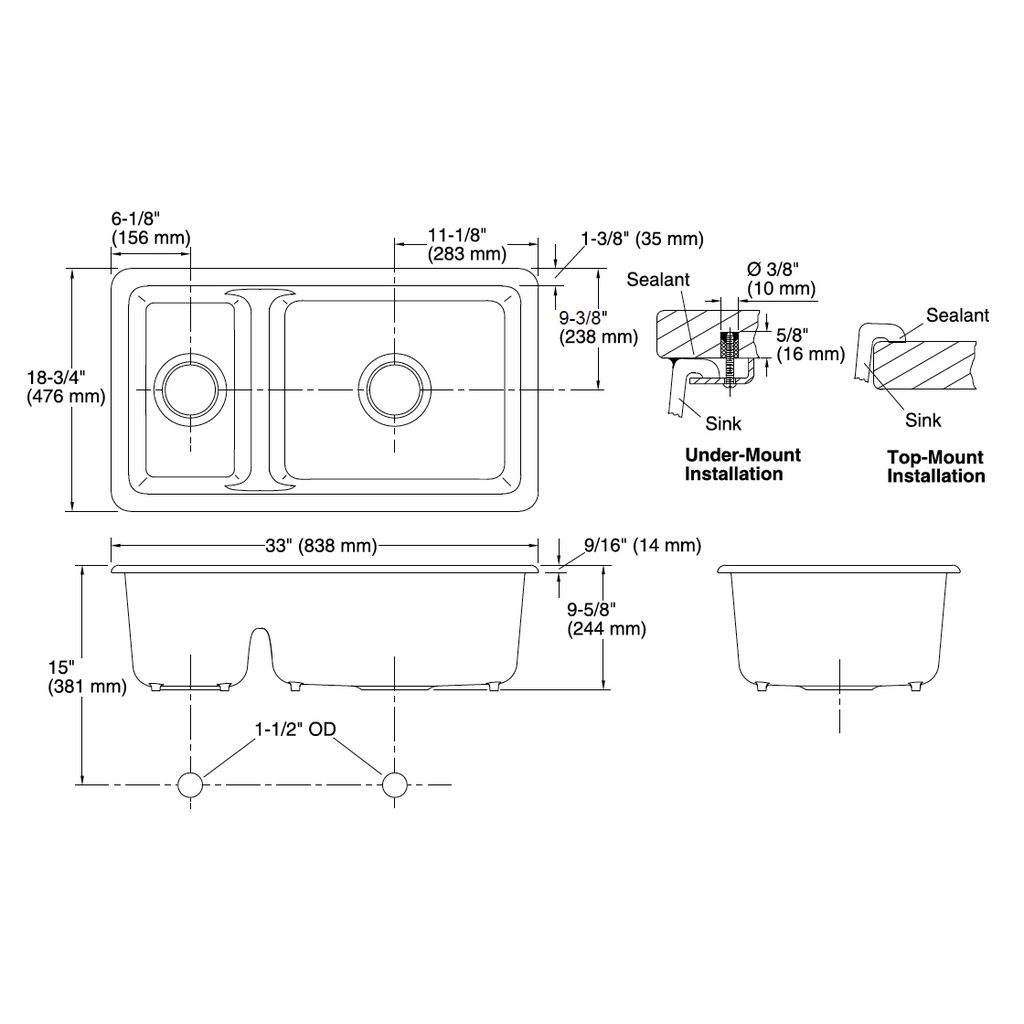 Kohler 6625-0 Iron/Tones 33 X 18-3/4 X 9-5/8 Top-/Under-Mount Smart Divide Large/Medium Double-Bowl Kitchen Sink 3