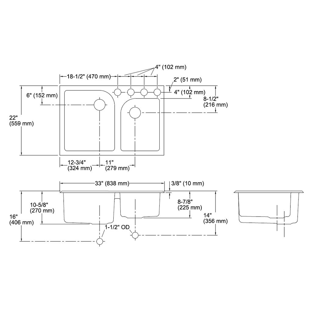 Kohler 5931-4U-0 Executive Chef 33 X 22 X 10-5/8 Under-Mount Large/Medium High/Low Double-Bowl Kitchen Sink With 4 Oversize Faucet Holes 2