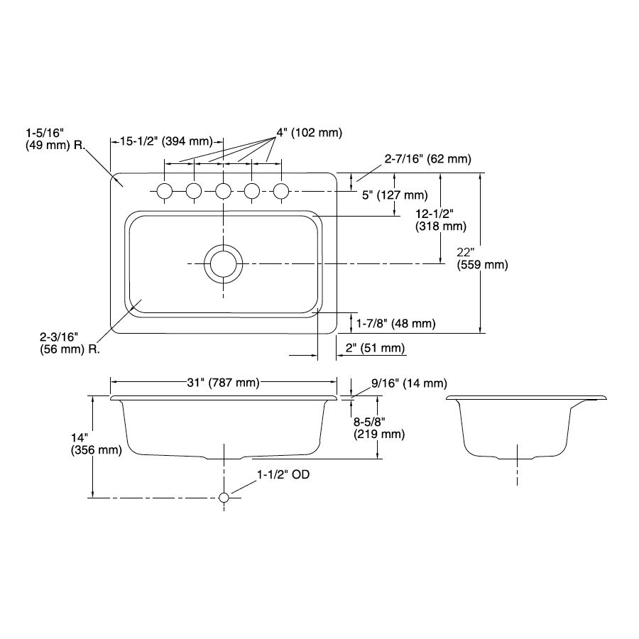 Kohler 5832-5U-0 Bakersfield 31 x 22 Undermount Single Bowl Sink 5 Holes 2