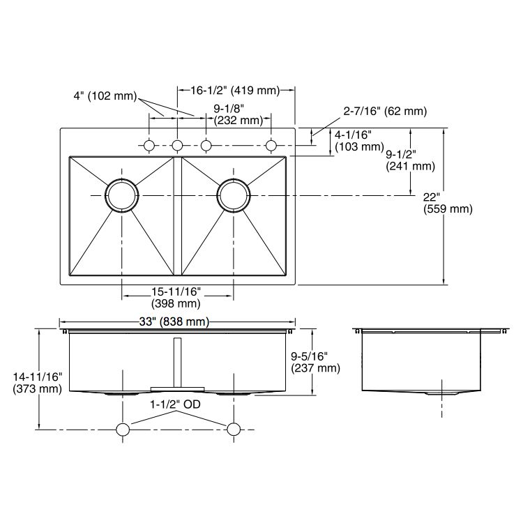 Kohler K3820 Vault 33 x 22 Double Kitchen Sink 4 Faucet Holes 2