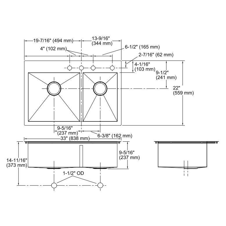 Kohler K3823 Vault 33 x 22 Double Kitchen Sink 4 Faucet Holes 2