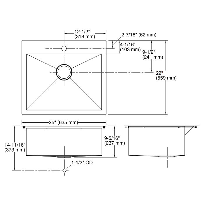 Kohler K3822 Vault 25 x 22 Medium Single Kitchen Sink Single Faucet Hole 2