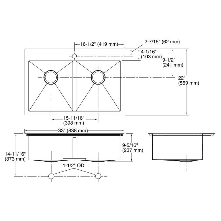 Kohler K3820 Vault 33 x 22 Double Kitchen Sink Single Faucet Hole 2