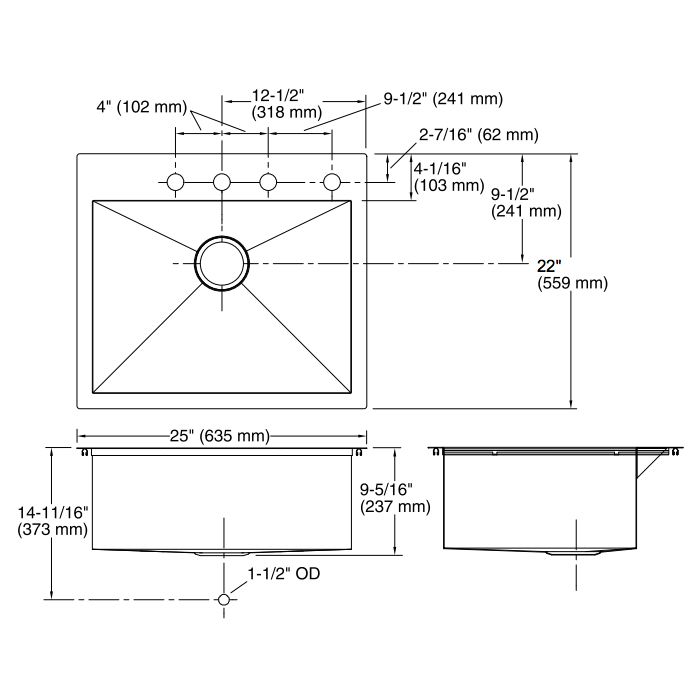 Kohler K3822 Vault 25 x 22 Single Kitchen Sink 4 Faucet Holes 2