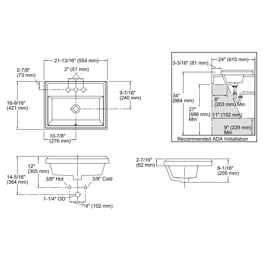 Kohler 2991-4-0 Tresham Rectangle Self-Rimming Lavatory With 4 Centerset Faucet Drilling 2