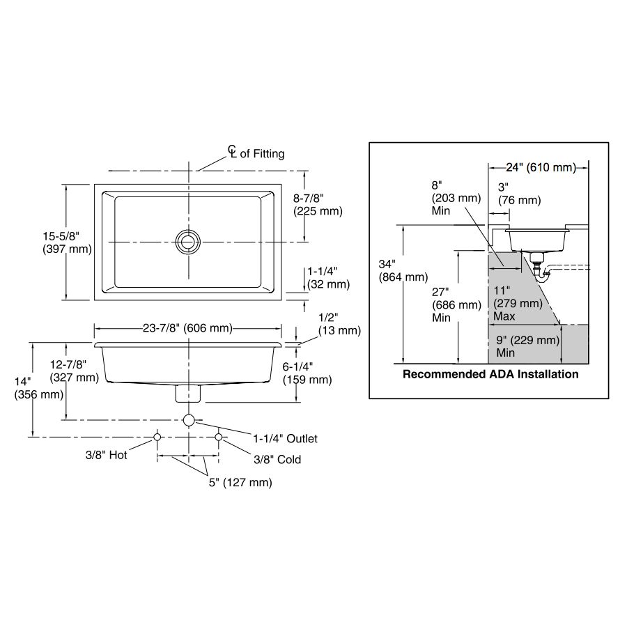 Kohler 2297-0 Kathryn 23-7/8 X 15-5/8 X 6-1/4 Under-Mount Bathroom Sink 2