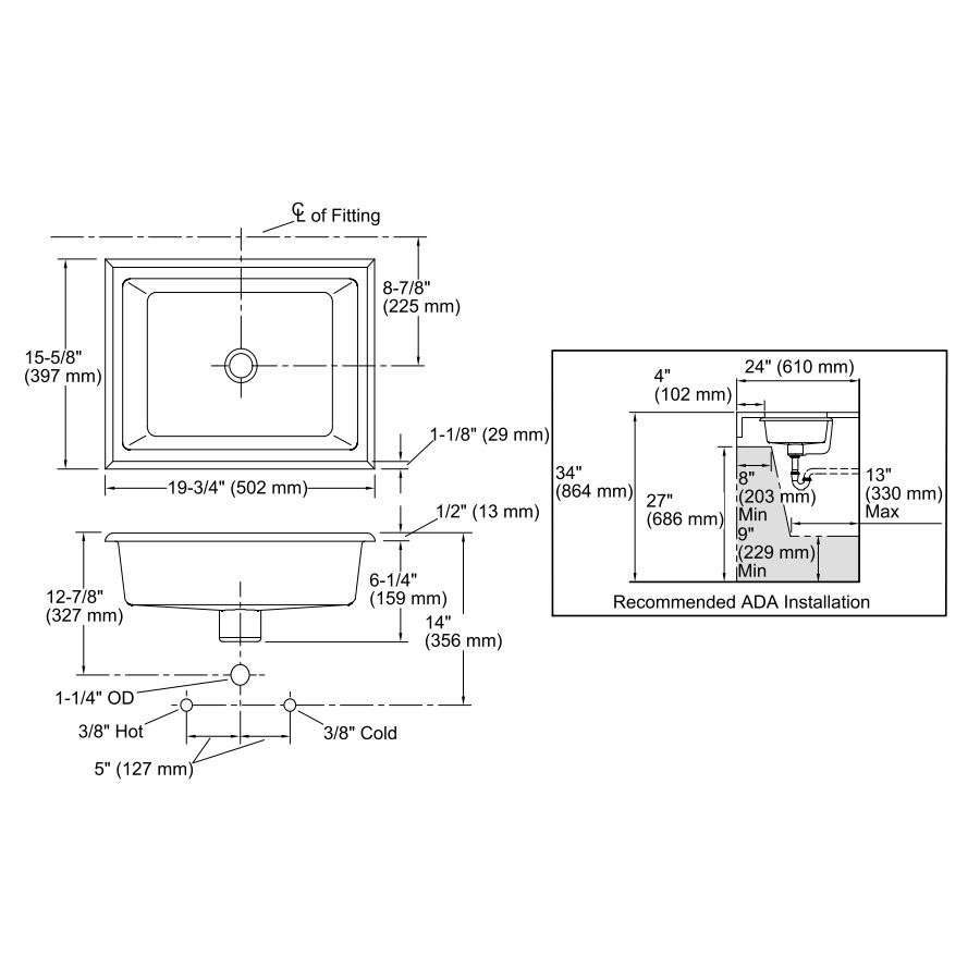 Kohler 2330-0 Kathryn 19-3/4 X 15-5/8 X 6-1/4 Under-Mount Bathroom Sink 2