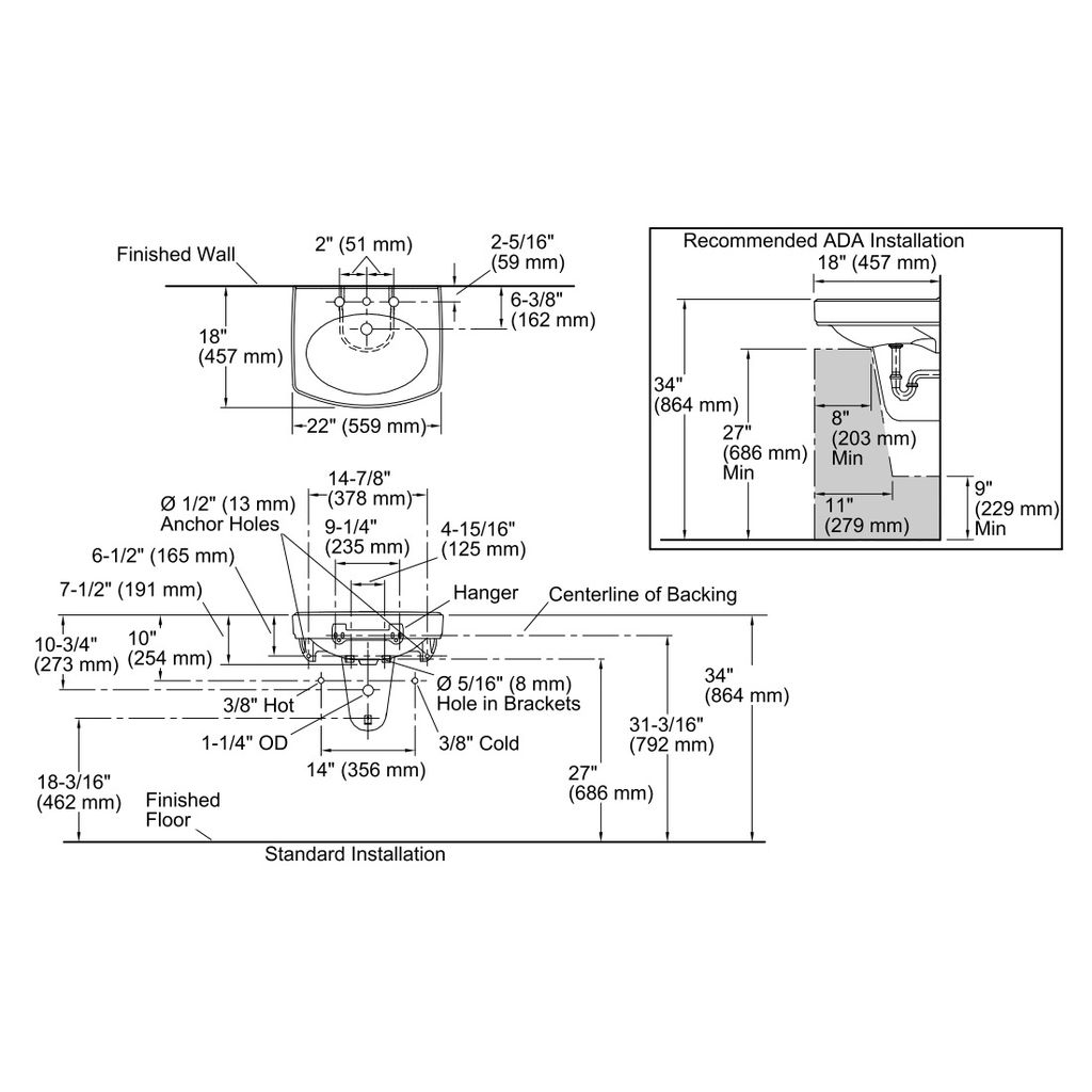 Kohler 2035-4-96 Pinoir Wall-Mount Lavatory With 4 Centers 2