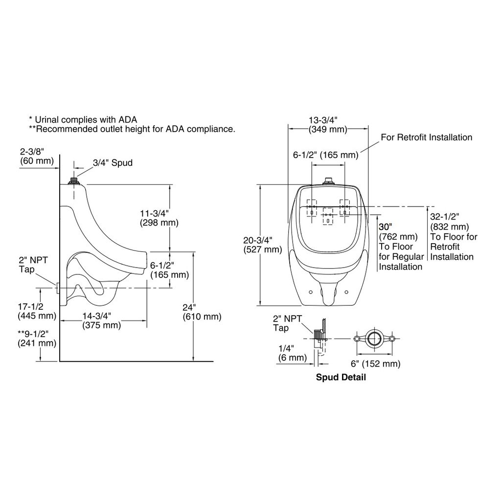 Kohler 5452-ET-0 Dexter Washdown Wall-Mount 0.125 Gpf Urinal With Top Spud 2