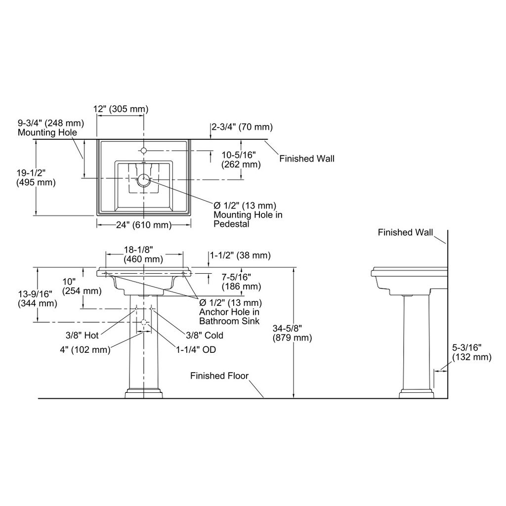 Kohler 2844-1-0 Tresham 24 Pedestal Lavatory With Single-Hole Faucet Drilling 2