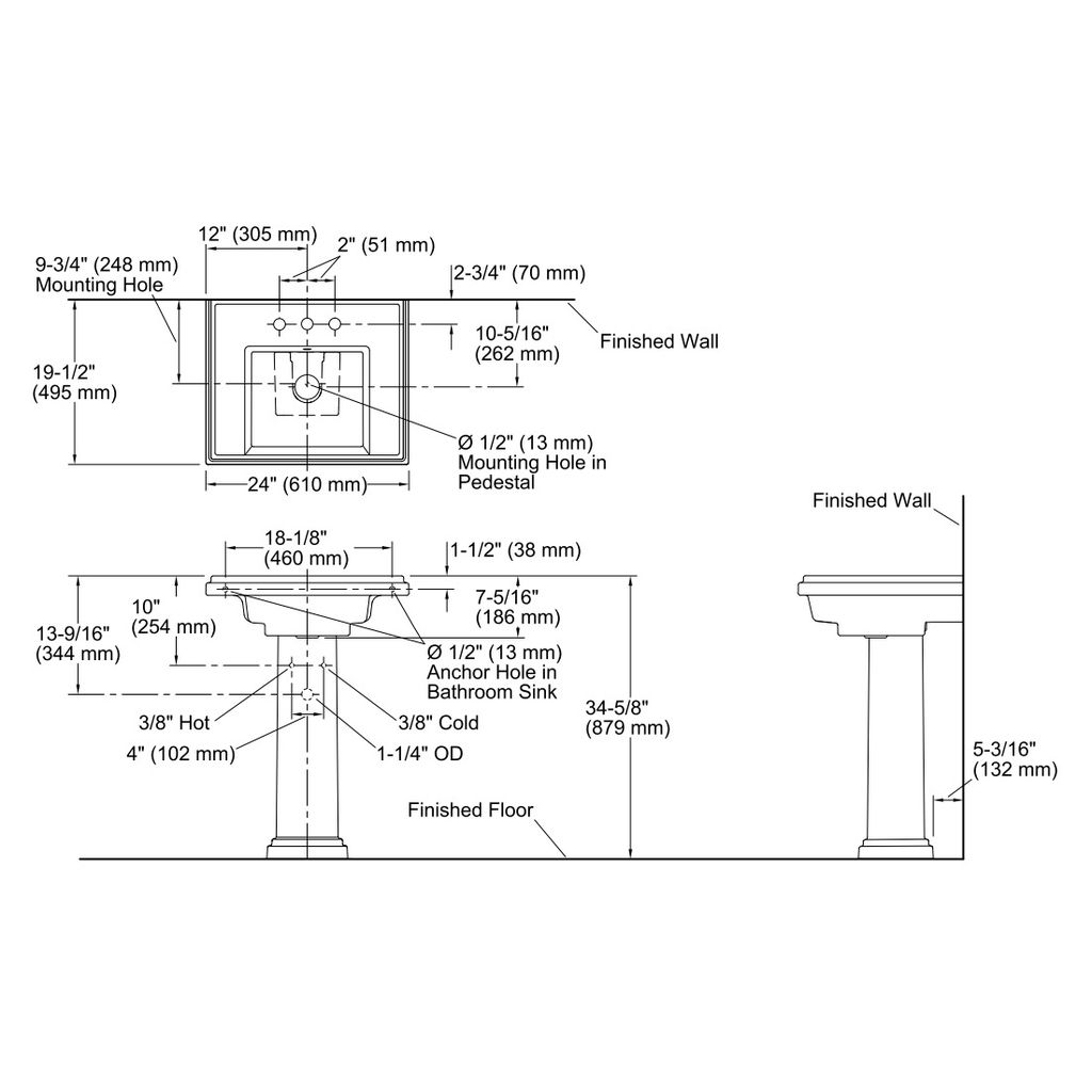 Kohler 2844-4-0 Tresham 24 Pedestal Lavatory With 4 Centerset Faucet Drilling 2