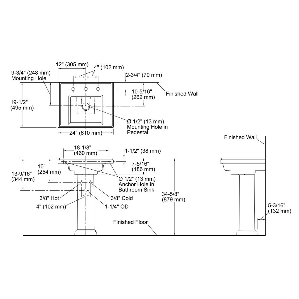 Kohler 2844-8-0 Tresham 24 Pedestal Lavatory With 8 Widespread Faucet Drilling 2