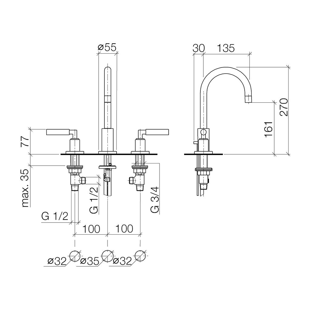 Dornbracht 20710882 Tara Three Hole Lavatory Faucet Polished Chrome 2