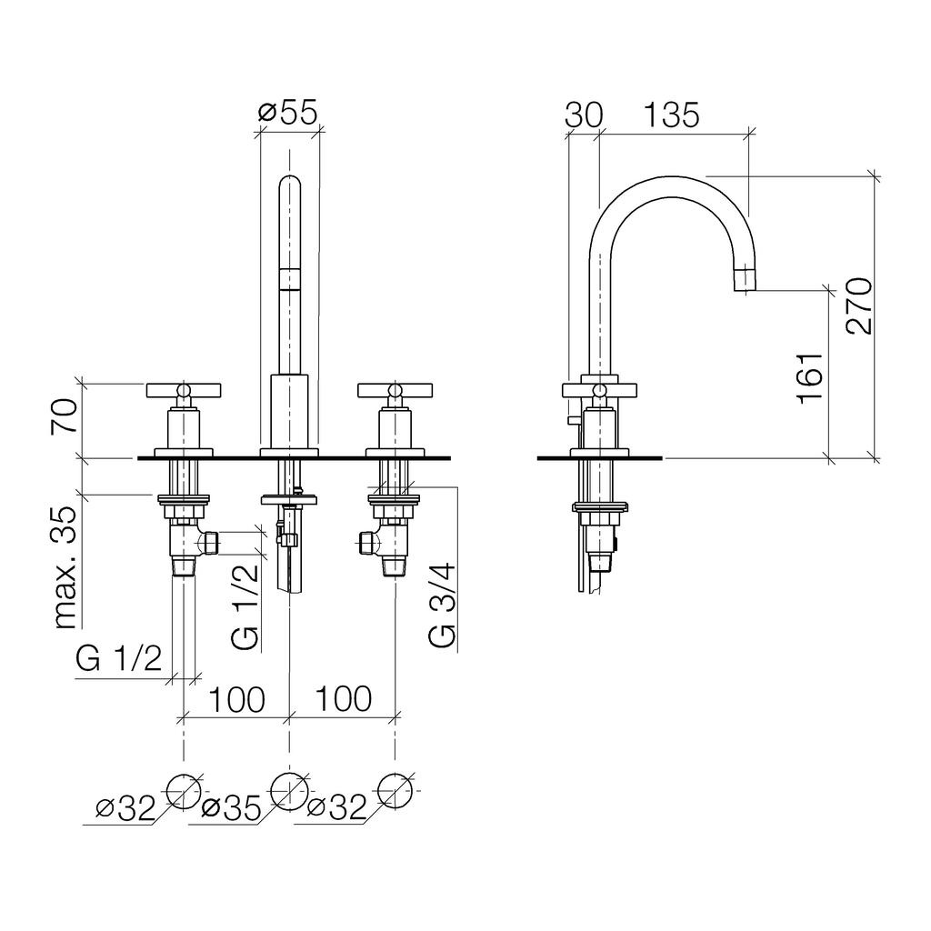 Dornbracht 20710892 Tara Three Hole Lavatory Faucet Platinum 2