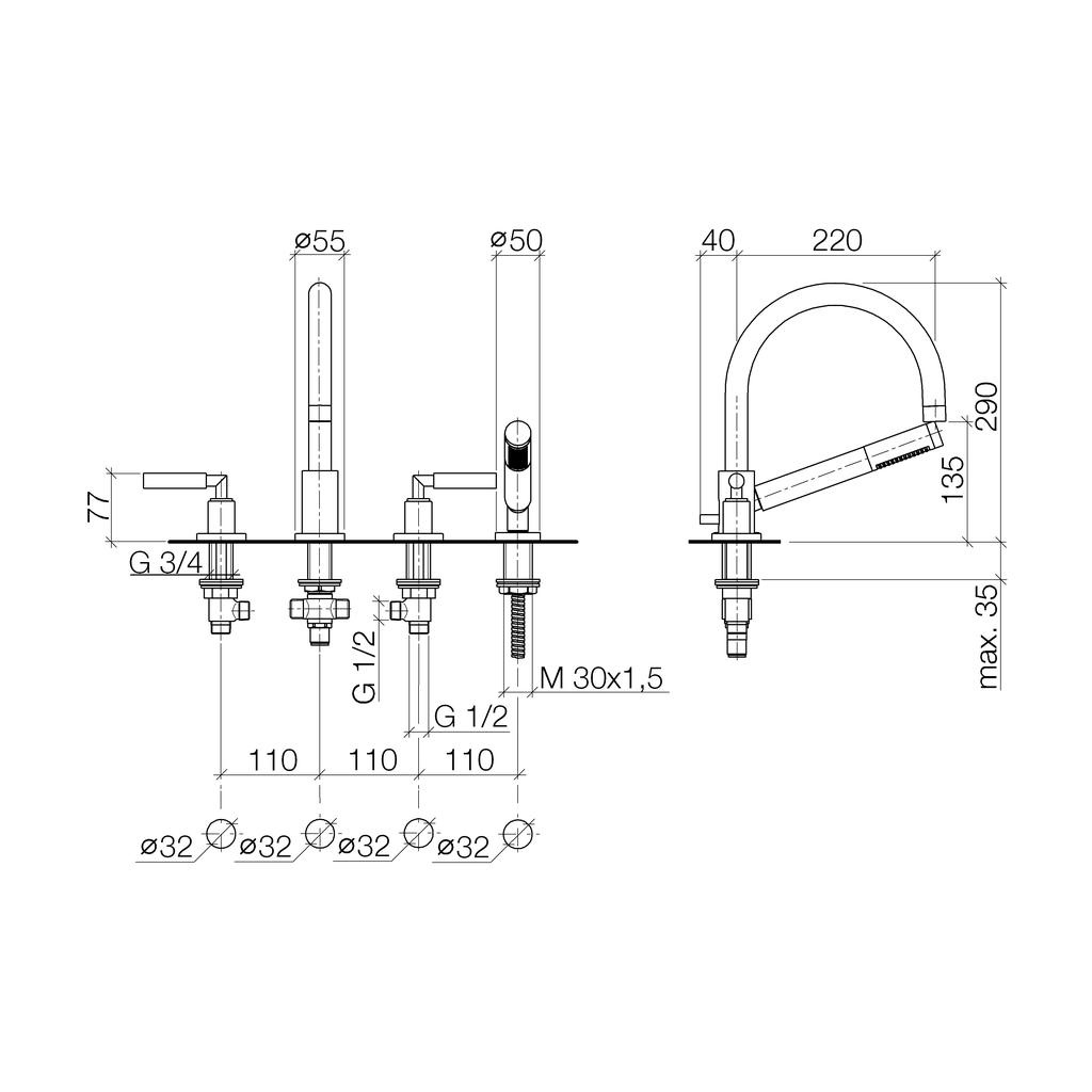 Dornbracht 27512882 Tara Four Hole Tub Set Platinum 2