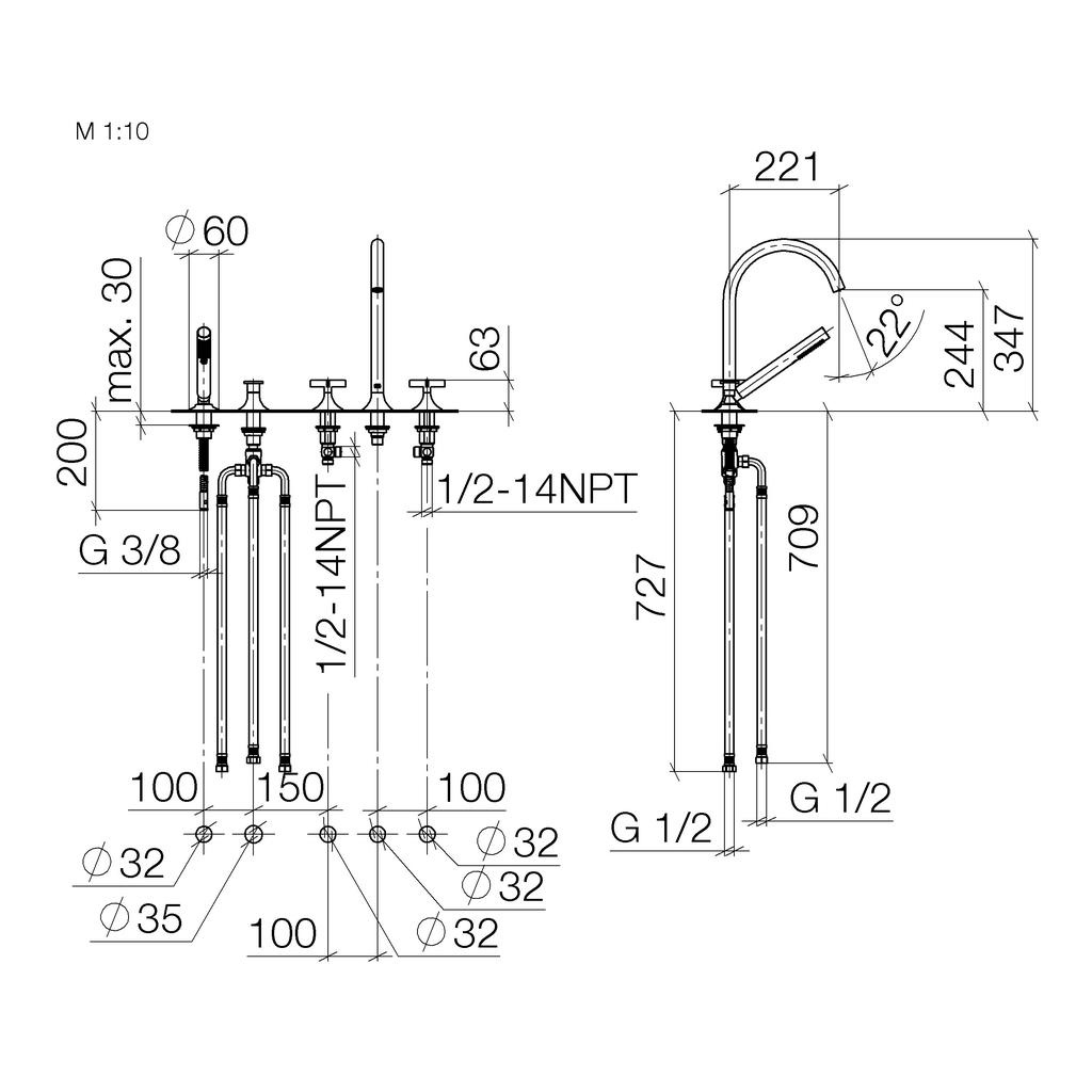 Dornbracht 27522809 Vaia Five Hole Tub Set With Hand Shower Set Chrome 2