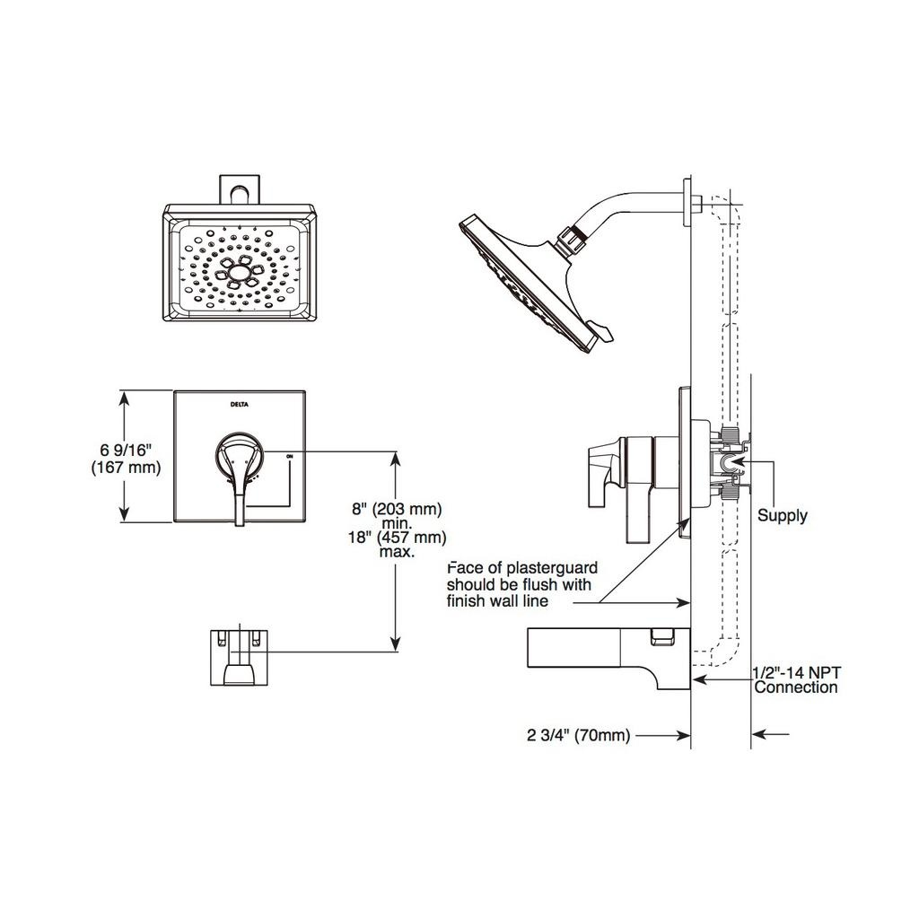 Delta T17274 Zura 17 Series Multi Choice H2Okinetic Shower Only Trim Matte Black 2