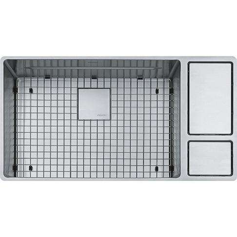 Franke CUX110-31 Chef Center Undermount Sink Single Ss- All Accessories Included [grid, glass cutting board, cute mat, colander, roller mat, drain board, drain cover, and strainer assembly]